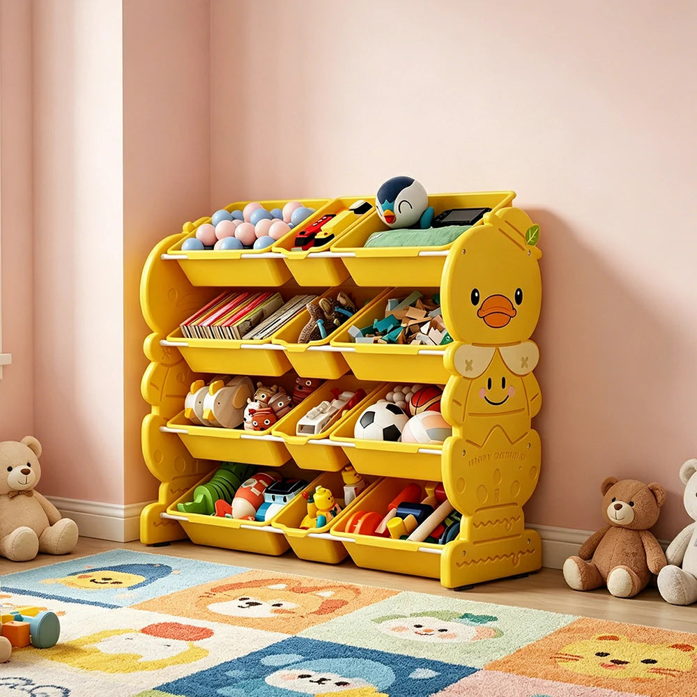 LIVARA Kids Toy Storage Rack with Multi-Zone Bins and Anti-Drop Design Yellow Duck Theme 103cm for Kids Room and Playroom - Yellow