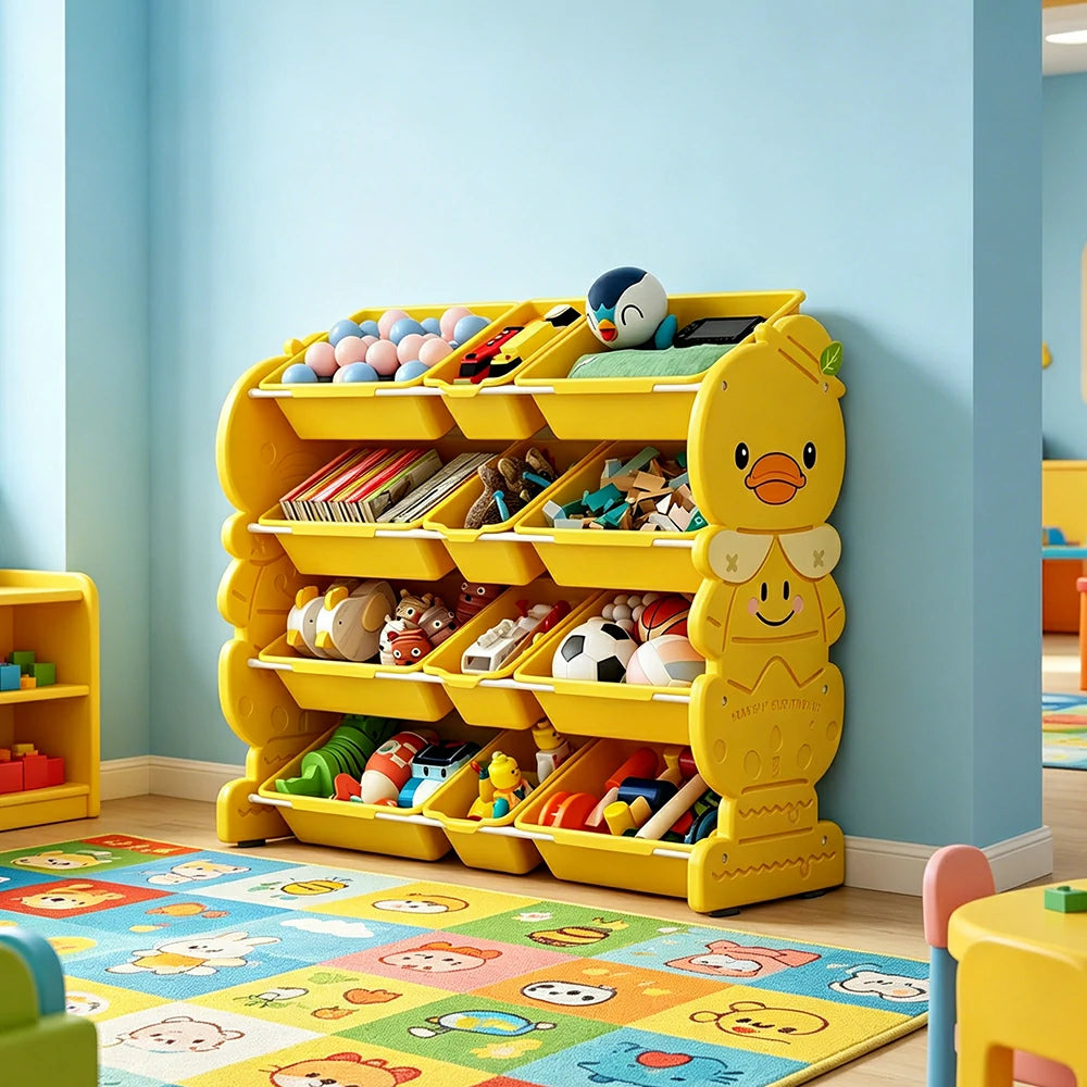 LIVARA Kids Toy Storage Rack with Multi-Zone Bins and Anti-Drop Design Yellow Duck Theme 103cm for Kids Room and Playroom - Yellow