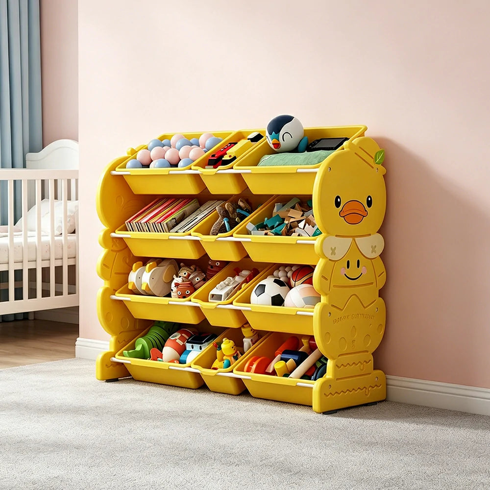 LIVARA Kids Toy Storage Rack with Multi-Zone Bins and Anti-Drop Design Yellow Duck Theme 103cm for Kids Room and Playroom - Yellow