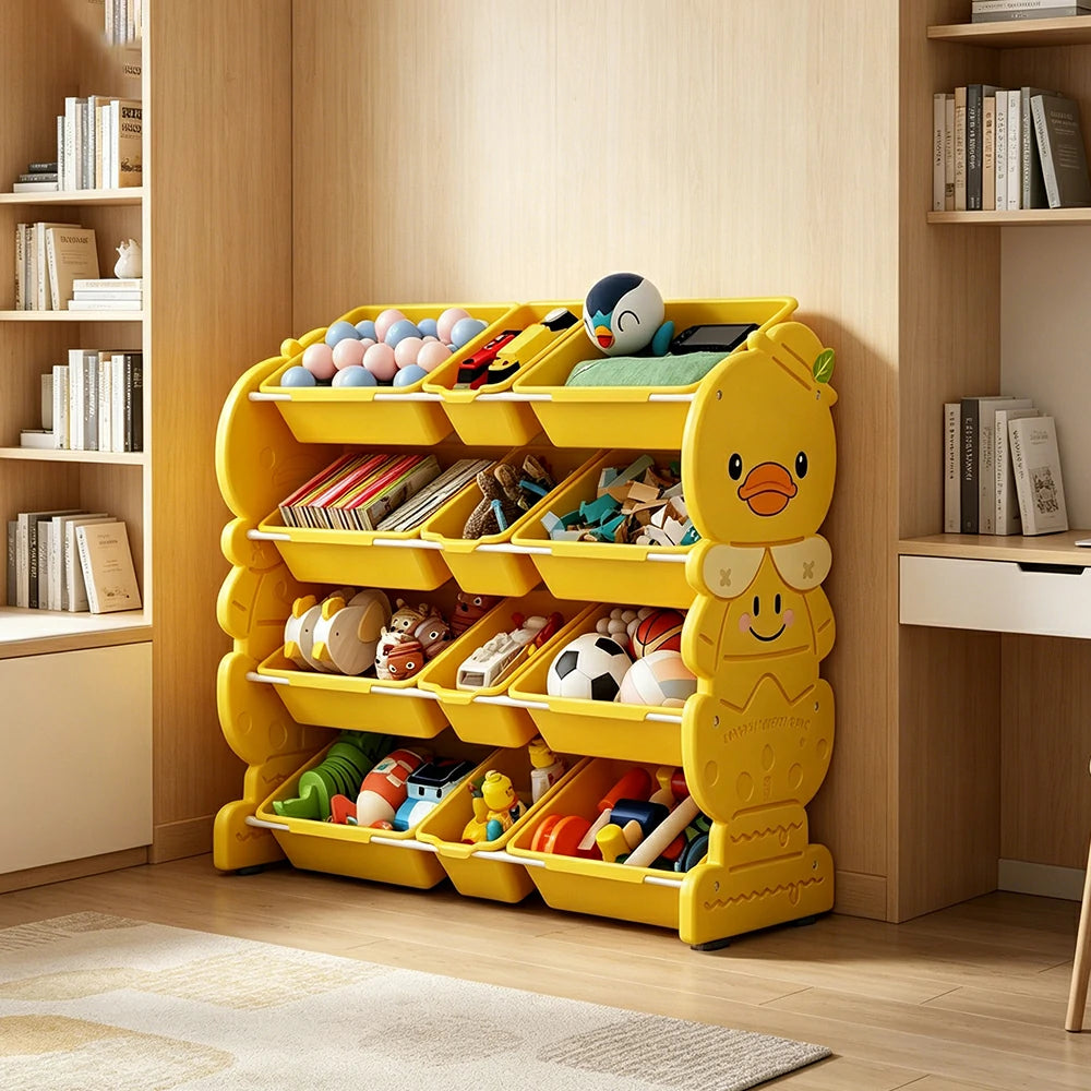LIVARA Kids Toy Storage Rack with Multi-Zone Bins and Anti-Drop Design Yellow Duck Theme 103cm for Kids Room and Playroom - Yellow