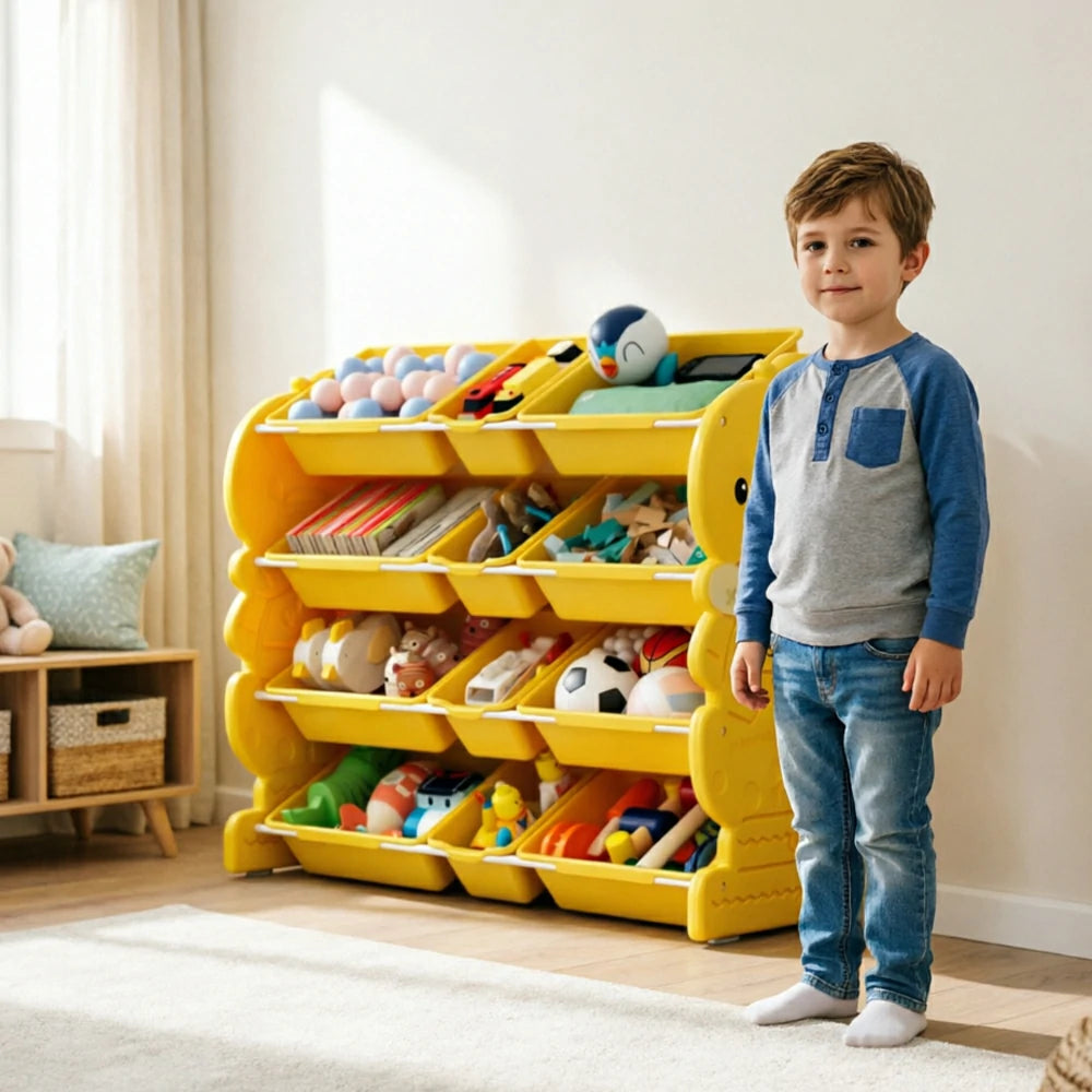 LIVARA Kids Toy Storage Rack with Multi-Zone Bins and Anti-Drop Design Yellow Duck Theme 103cm for Kids Room and Playroom - Yellow