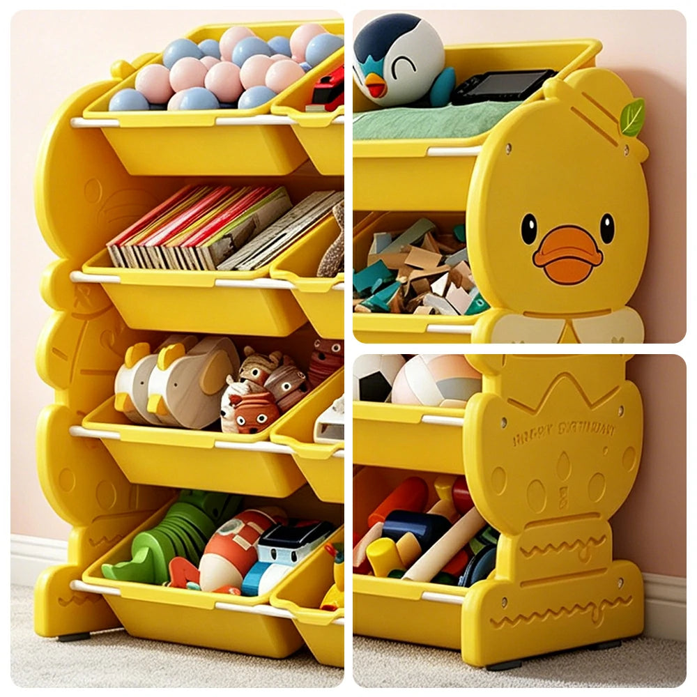LIVARA Kids Toy Storage Rack with Multi-Zone Bins and Anti-Drop Design Yellow Duck Theme 103cm for Kids Room and Playroom - Yellow