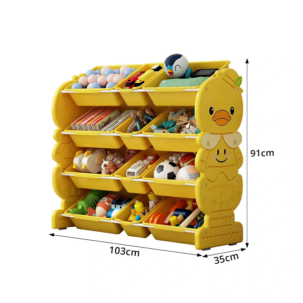 LIVARA Kids Toy Storage Rack with Multi-Zone Bins and Anti-Drop Design Yellow Duck Theme 103cm for Kids Room and Playroom - Yellow