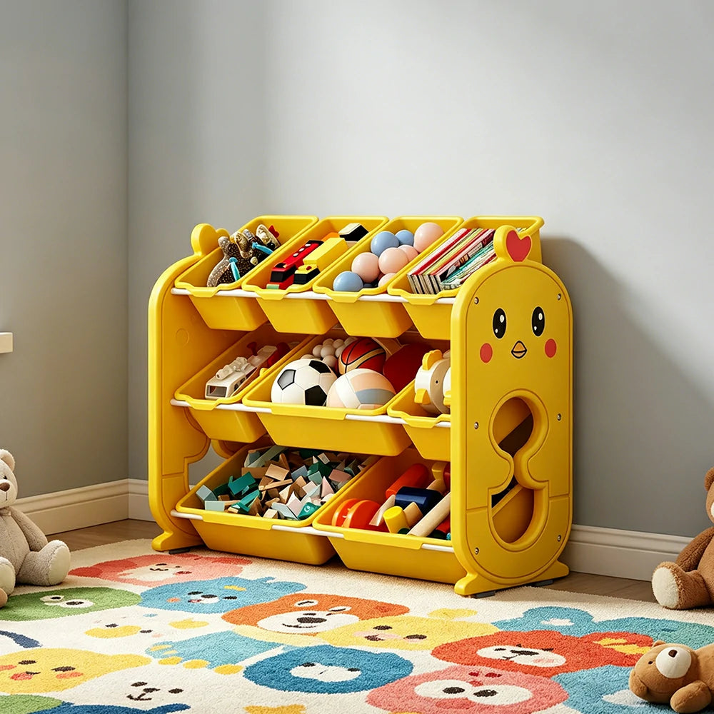 LIVARA Kids Toy Storage Rack with Multi-Zone Bins and Anti-Drop Design Chick Theme 83.5cm for Kids Room and Playroom - Yellow