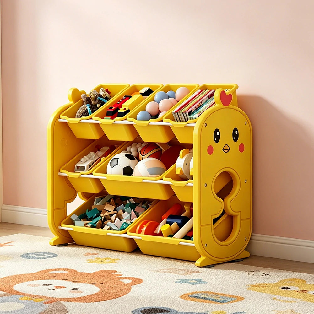 LIVARA Kids Toy Storage Rack with Multi-Zone Bins and Anti-Drop Design Chick Theme 83.5cm for Kids Room and Playroom - Yellow