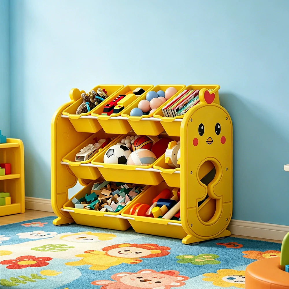 LIVARA Kids Toy Storage Rack with Multi-Zone Bins and Anti-Drop Design Chick Theme 83.5cm for Kids Room and Playroom - Yellow