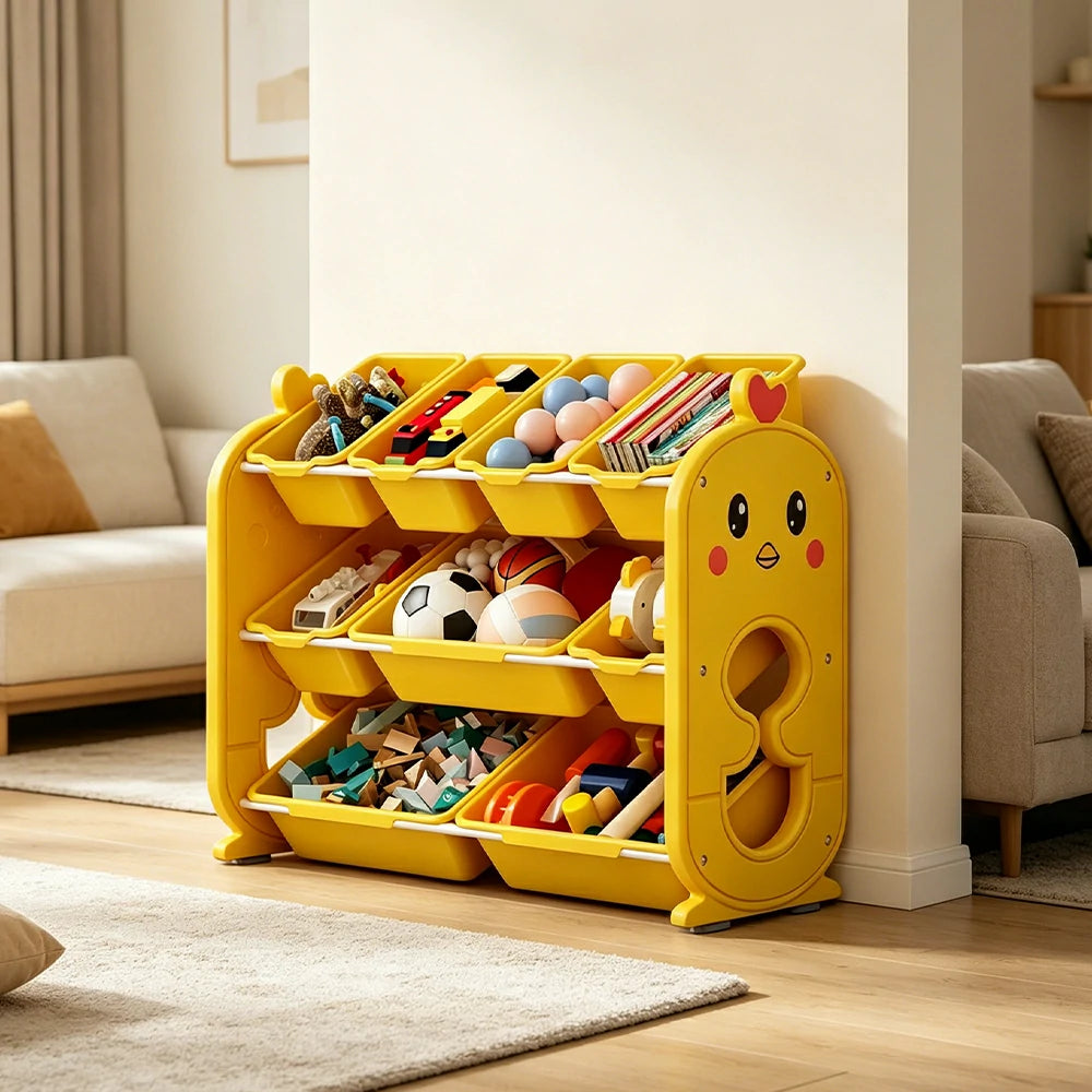 LIVARA Kids Toy Storage Rack with Multi-Zone Bins and Anti-Drop Design Chick Theme 83.5cm for Kids Room and Playroom - Yellow