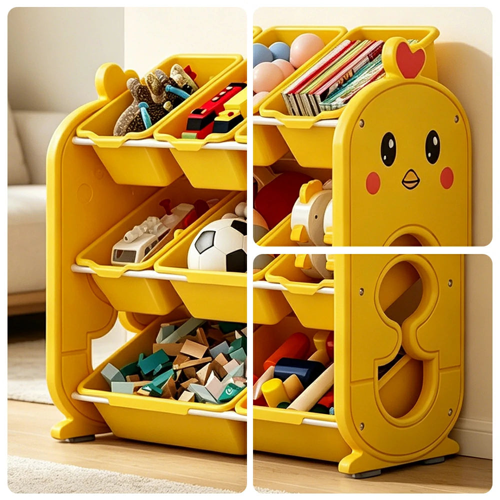 LIVARA Kids Toy Storage Rack with Multi-Zone Bins and Anti-Drop Design Chick Theme 83.5cm for Kids Room and Playroom - Yellow