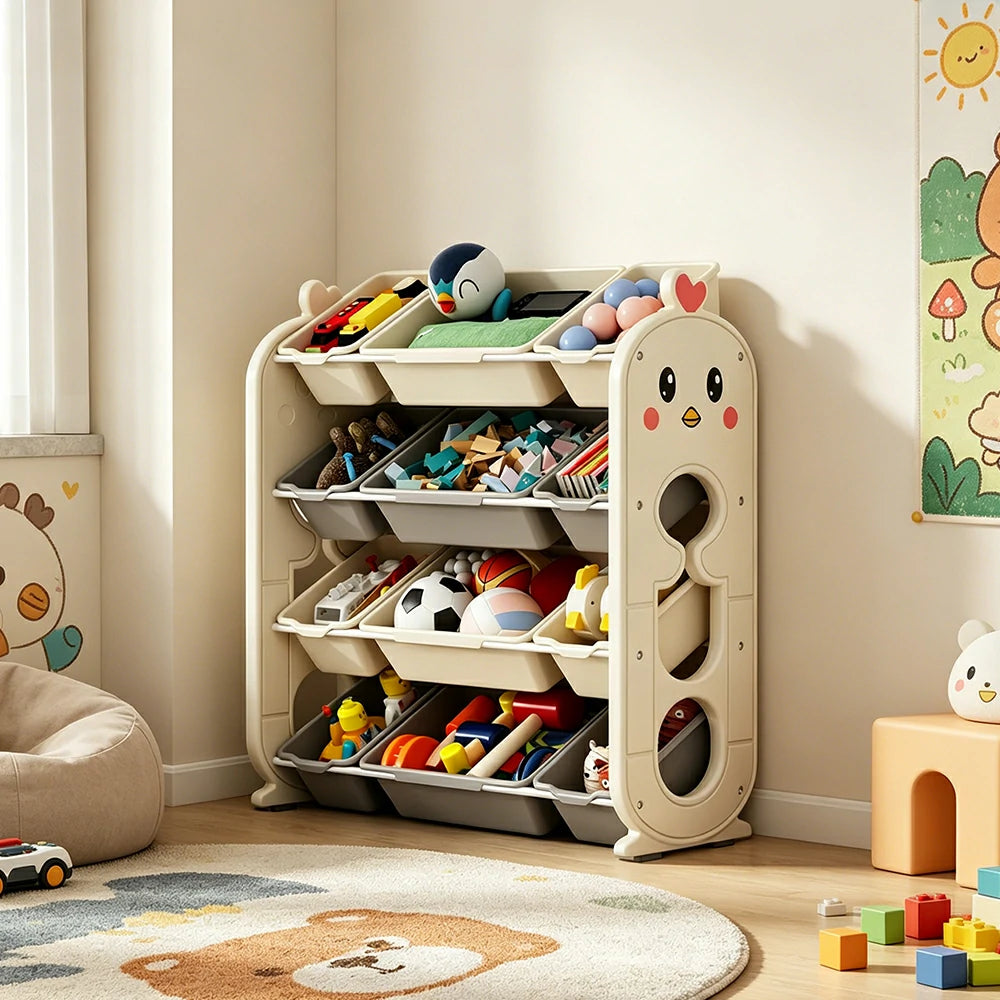 LIVARA Kids Toy Storage Rack with Multi-Zone Bins and Anti-Drop Design Chick Theme 83.5cm for Kids Room and Playroom - Beige