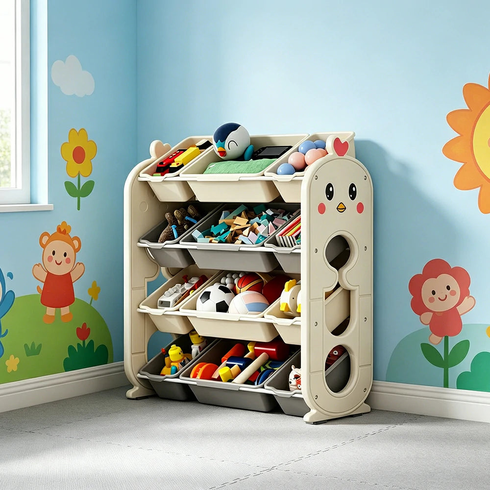 LIVARA Kids Toy Storage Rack with Multi-Zone Bins and Anti-Drop Design Chick Theme 83.5cm for Kids Room and Playroom - Beige