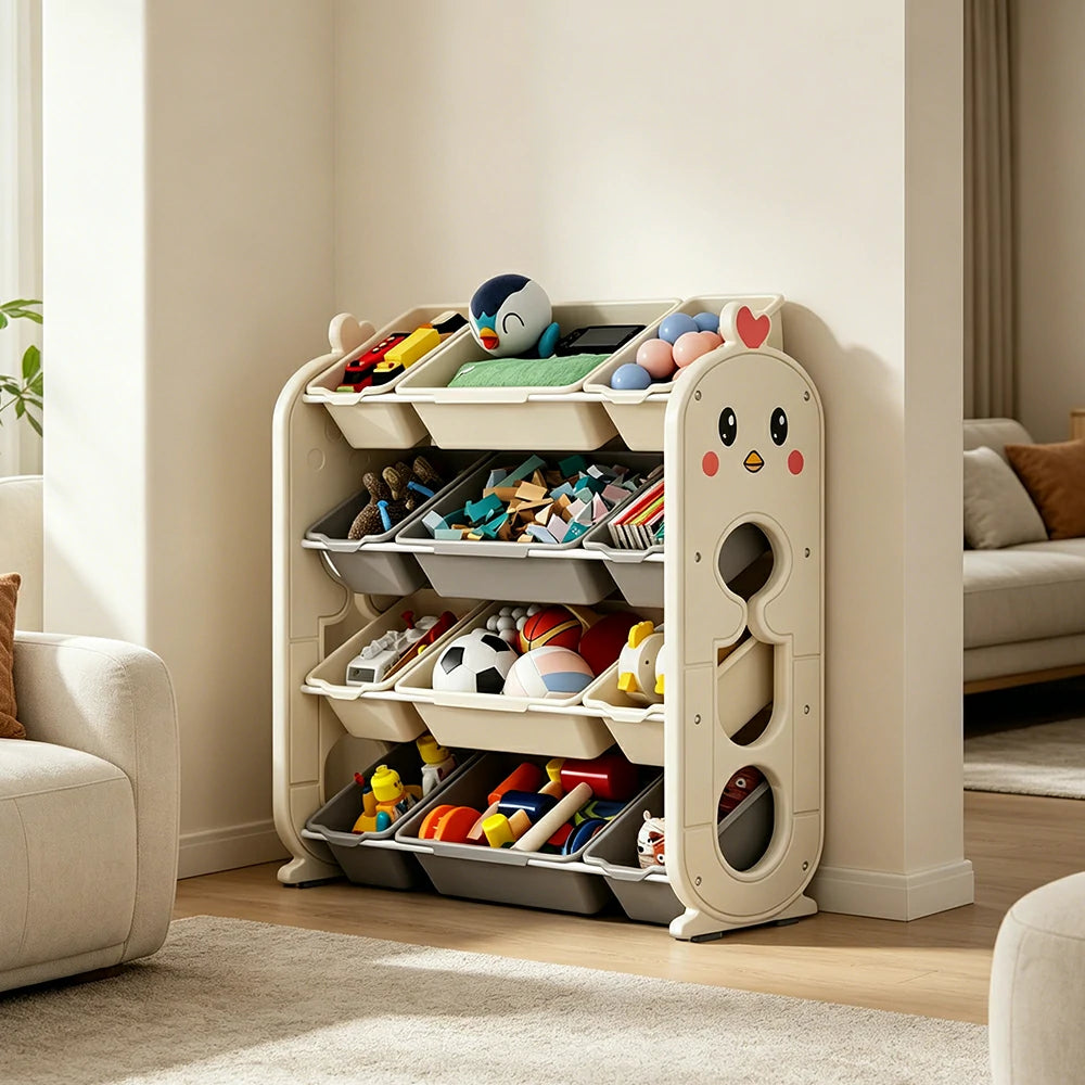LIVARA Kids Toy Storage Rack with Multi-Zone Bins and Anti-Drop Design Chick Theme 83.5cm for Kids Room and Playroom - Beige