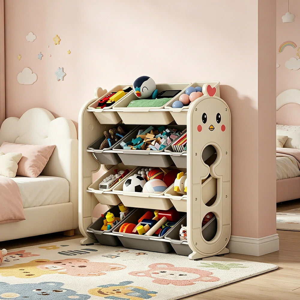 LIVARA Kids Toy Storage Rack with Multi-Zone Bins and Anti-Drop Design Chick Theme 83.5cm for Kids Room and Playroom - Beige