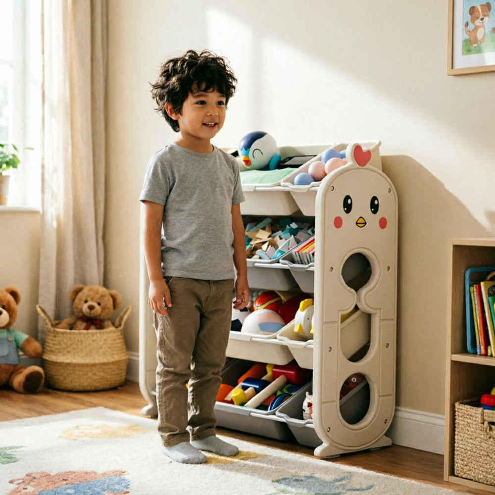 LIVARA Kids Toy Storage Rack with Multi-Zone Bins and Anti-Drop Design Chick Theme 83.5cm for Kids Room and Playroom - Beige