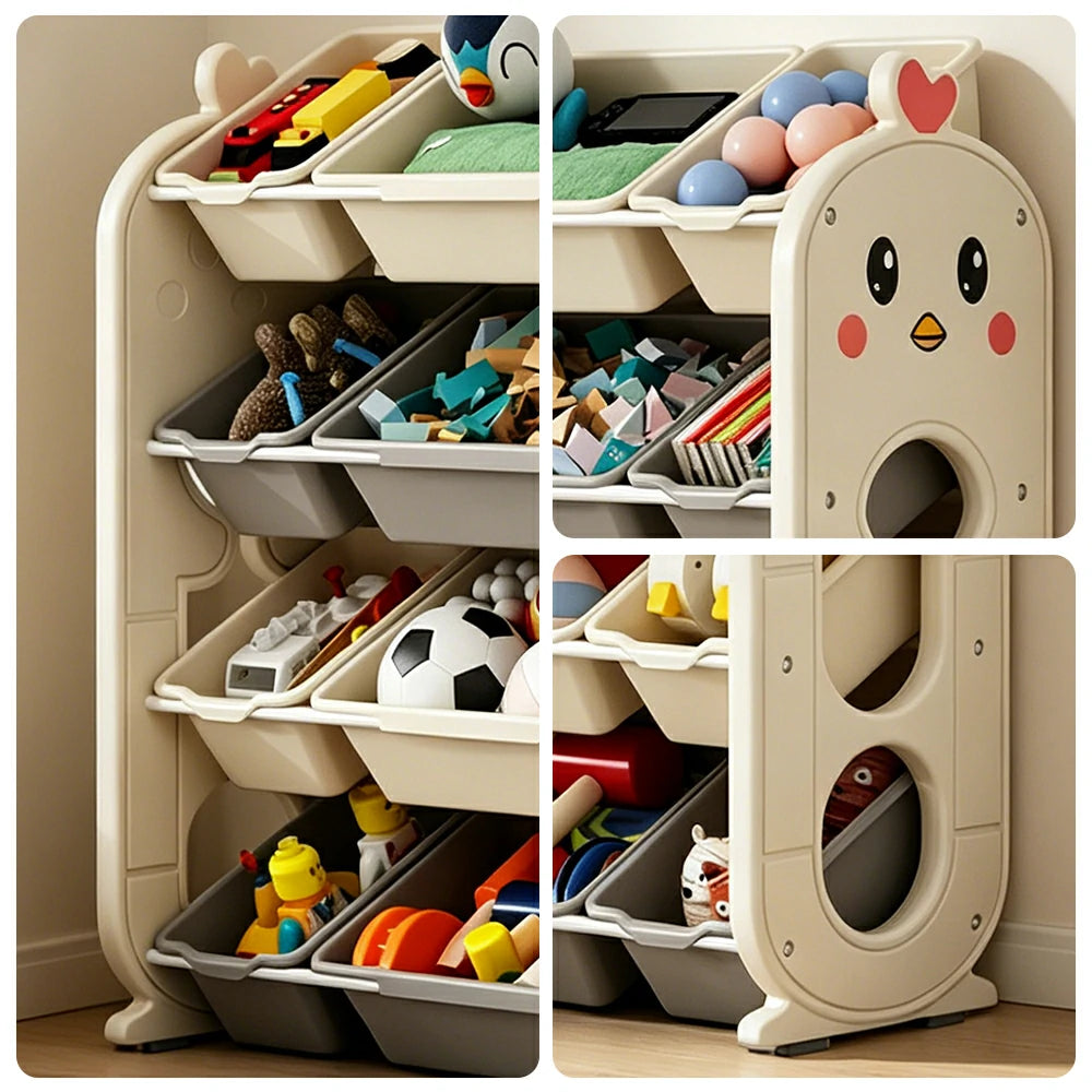 LIVARA Kids Toy Storage Rack with Multi-Zone Bins and Anti-Drop Design Chick Theme 83.5cm for Kids Room and Playroom - Beige