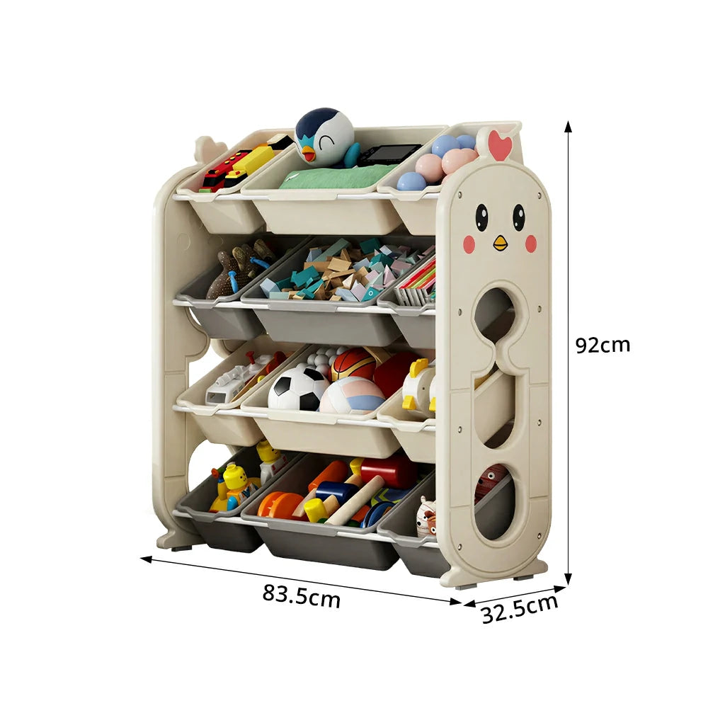 LIVARA Kids Toy Storage Rack with Multi-Zone Bins and Anti-Drop Design Chick Theme 83.5cm for Kids Room and Playroom - Beige