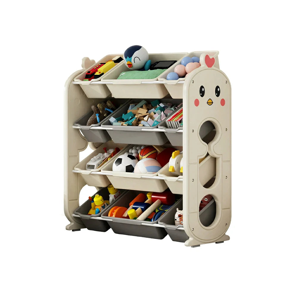 LIVARA Kids Toy Storage Rack with Multi-Zone Bins and Anti-Drop Design Chick Theme 83.5cm for Kids Room and Playroom - Beige