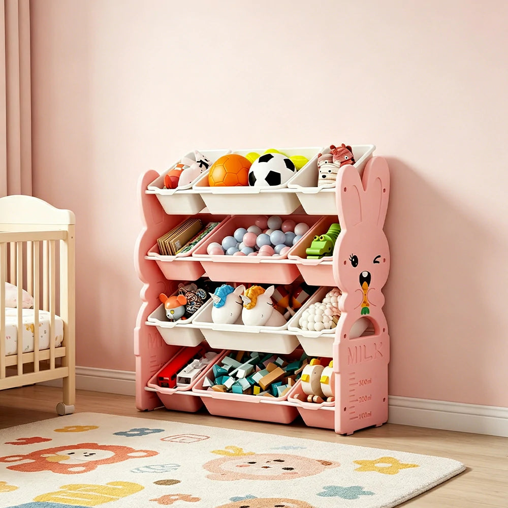 LIVARA Kids Toy Storage Rack with Multi-Zone Bins and Anti-Drop Design Rabbit Theme 82cm for Kids Room and Playroom - Pink