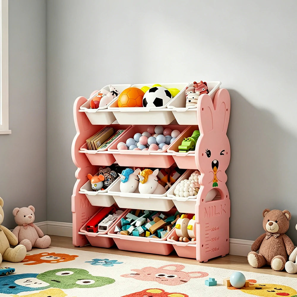 LIVARA Kids Toy Storage Rack with Multi-Zone Bins and Anti-Drop Design Rabbit Theme 82cm for Kids Room and Playroom - Pink