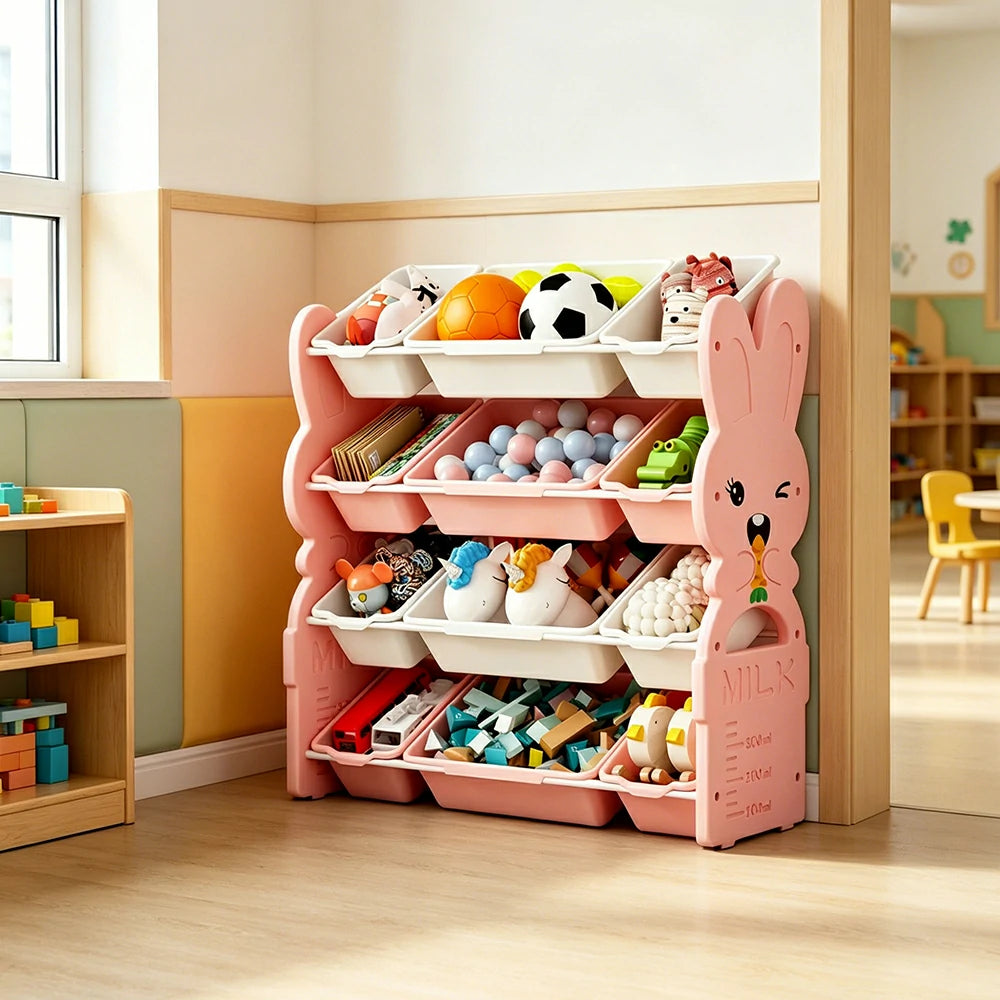 LIVARA Kids Toy Storage Rack with Multi-Zone Bins and Anti-Drop Design Rabbit Theme 82cm for Kids Room and Playroom - Pink