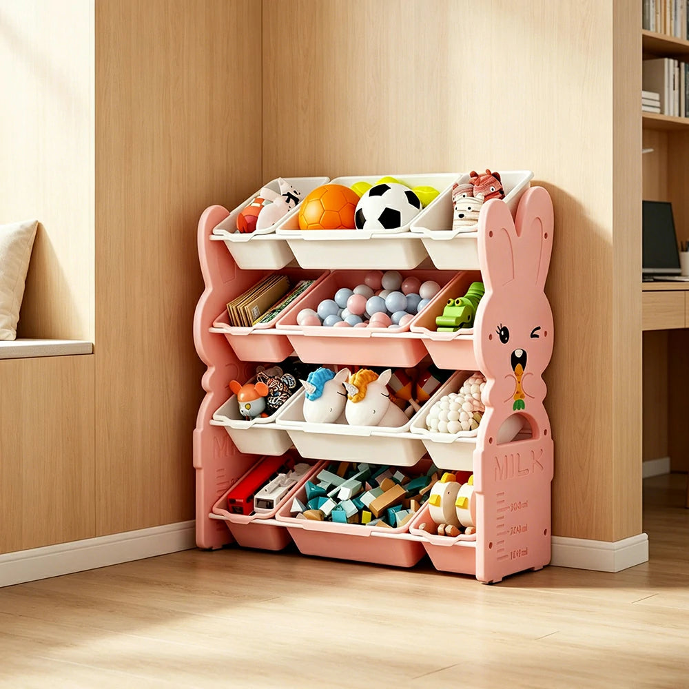 LIVARA Kids Toy Storage Rack with Multi-Zone Bins and Anti-Drop Design Rabbit Theme 82cm for Kids Room and Playroom - Pink