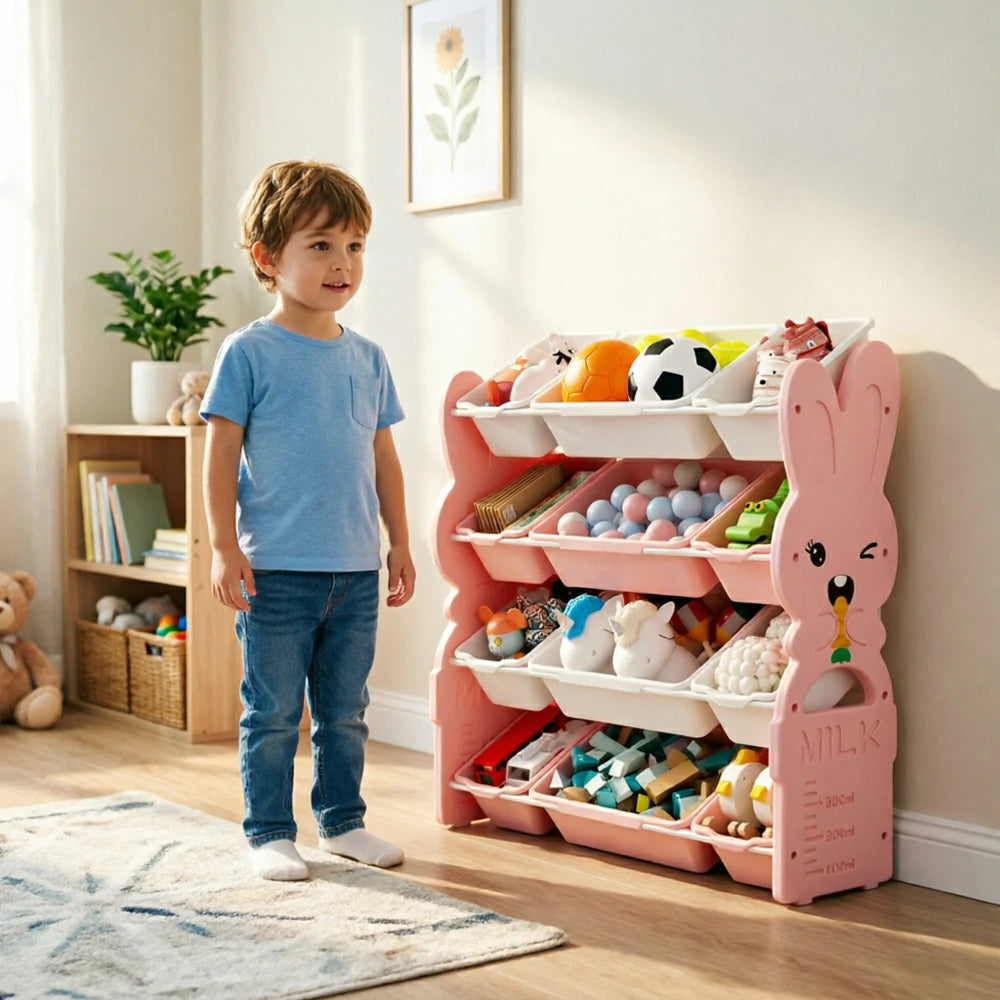 LIVARA Kids Toy Storage Rack with Multi-Zone Bins and Anti-Drop Design Rabbit Theme 82cm for Kids Room and Playroom - Pink