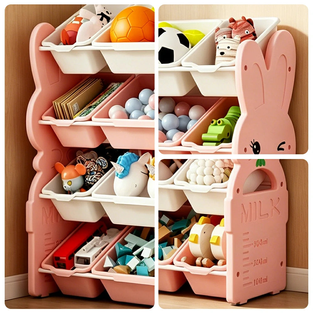 LIVARA Kids Toy Storage Rack with Multi-Zone Bins and Anti-Drop Design Rabbit Theme 82cm for Kids Room and Playroom - Pink