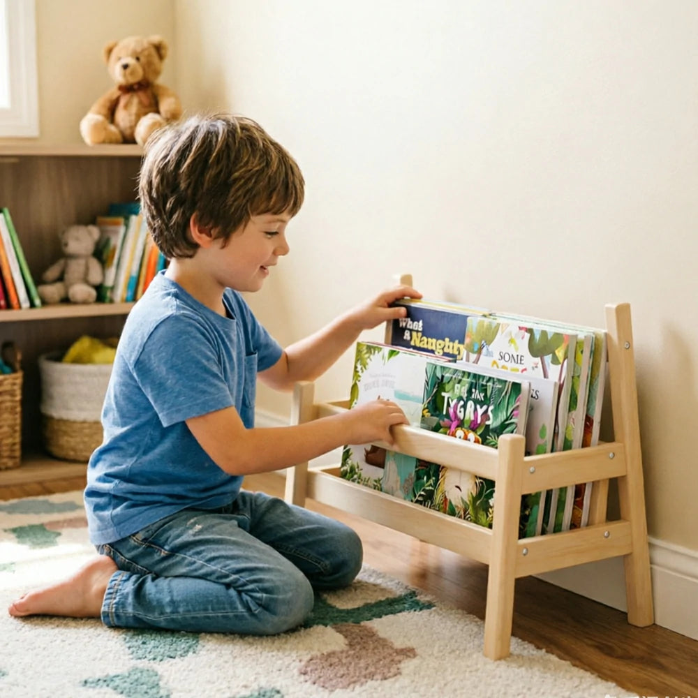 LIVARA Kids Book Display Rack with Open Storage and Portable Handles for Kids Room Playroom and Reading Space