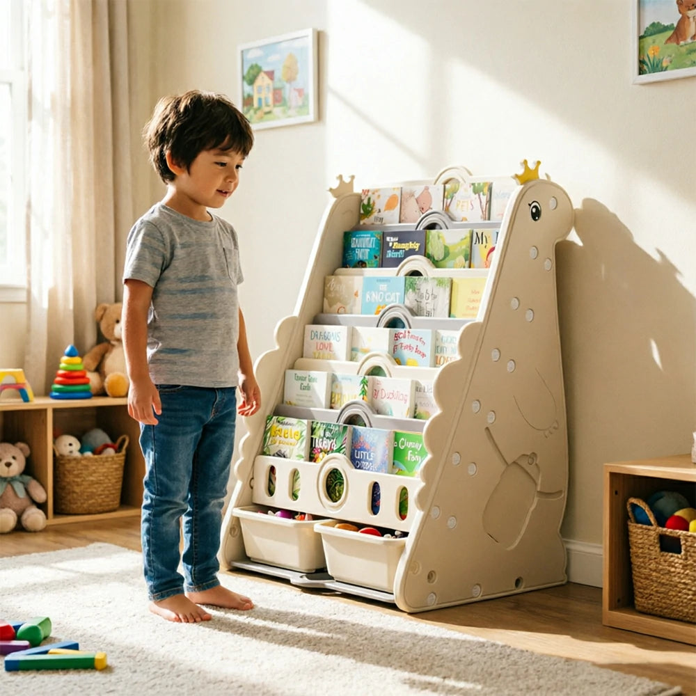 LIVARA Kids Picture Book Storage Rack with 7-Tier Storage and Large Book Slots for Kids Room and Reading Corner - White
