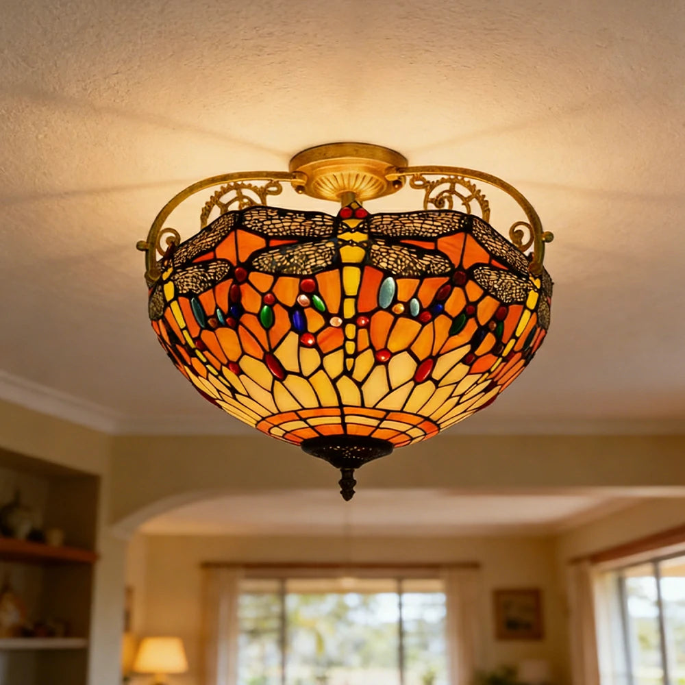 LIVARA European Vintage Orange Dragonfly Pattern Stained Glass Ceiling Light 3-Light Design Even Lighting 42x38cm Suitable for Living Room Bedroom Dining Hallway
