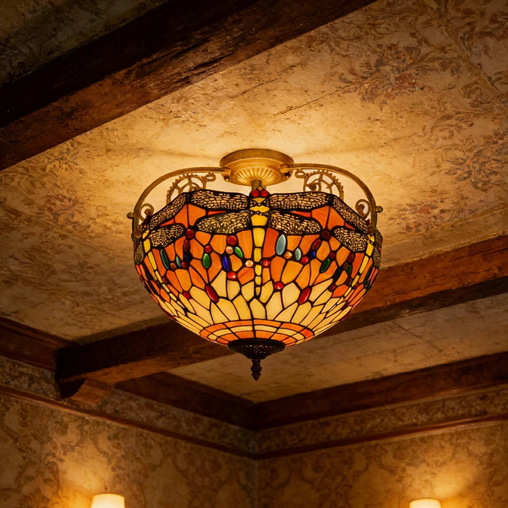 LIVARA European Vintage Orange Dragonfly Pattern Stained Glass Ceiling Light 3-Light Design Even Lighting 42x38cm Suitable for Living Room Bedroom Dining Hallway