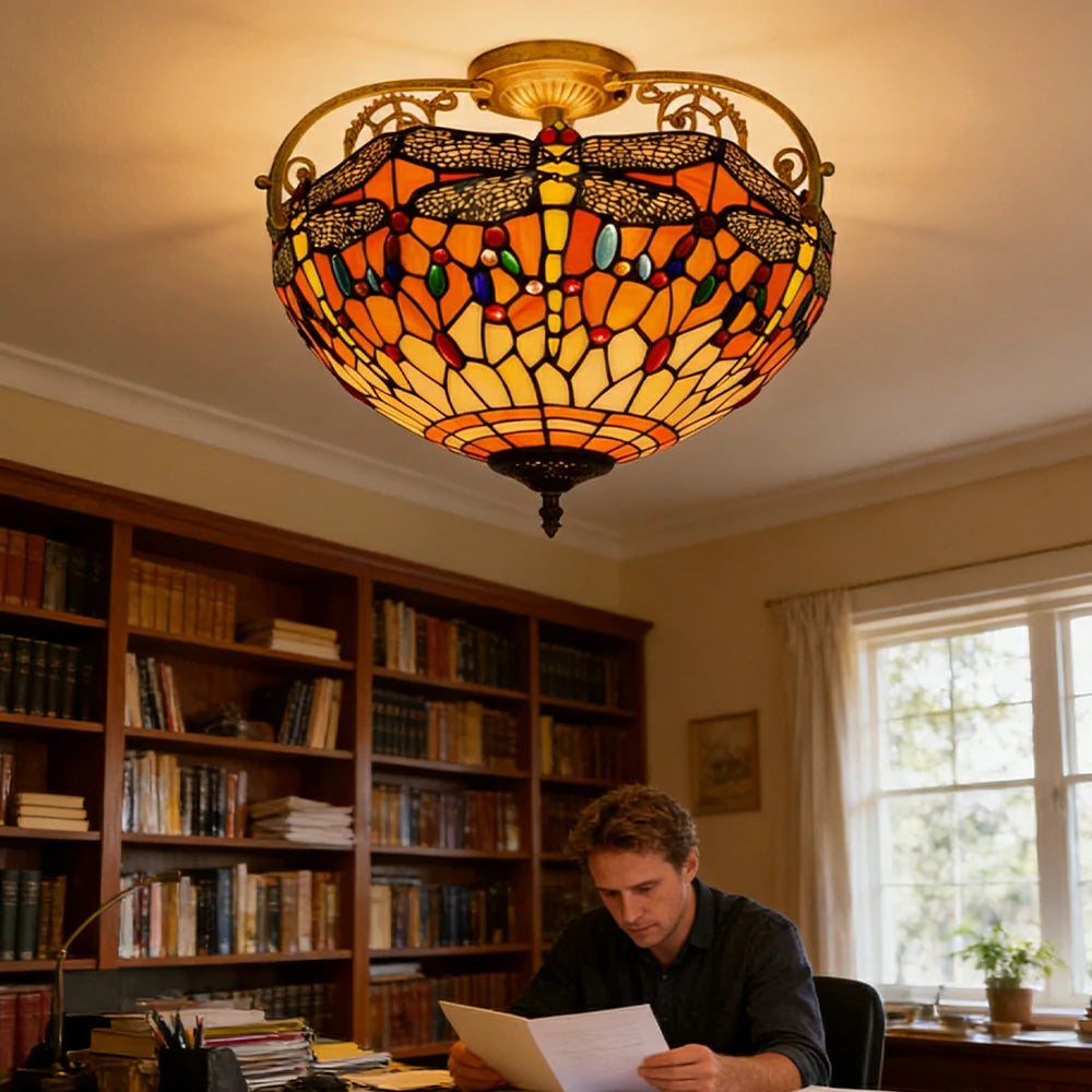 LIVARA European Vintage Orange Dragonfly Pattern Stained Glass Ceiling Light 3-Light Design Even Lighting 42x38cm Suitable for Living Room Bedroom Dining Hallway
