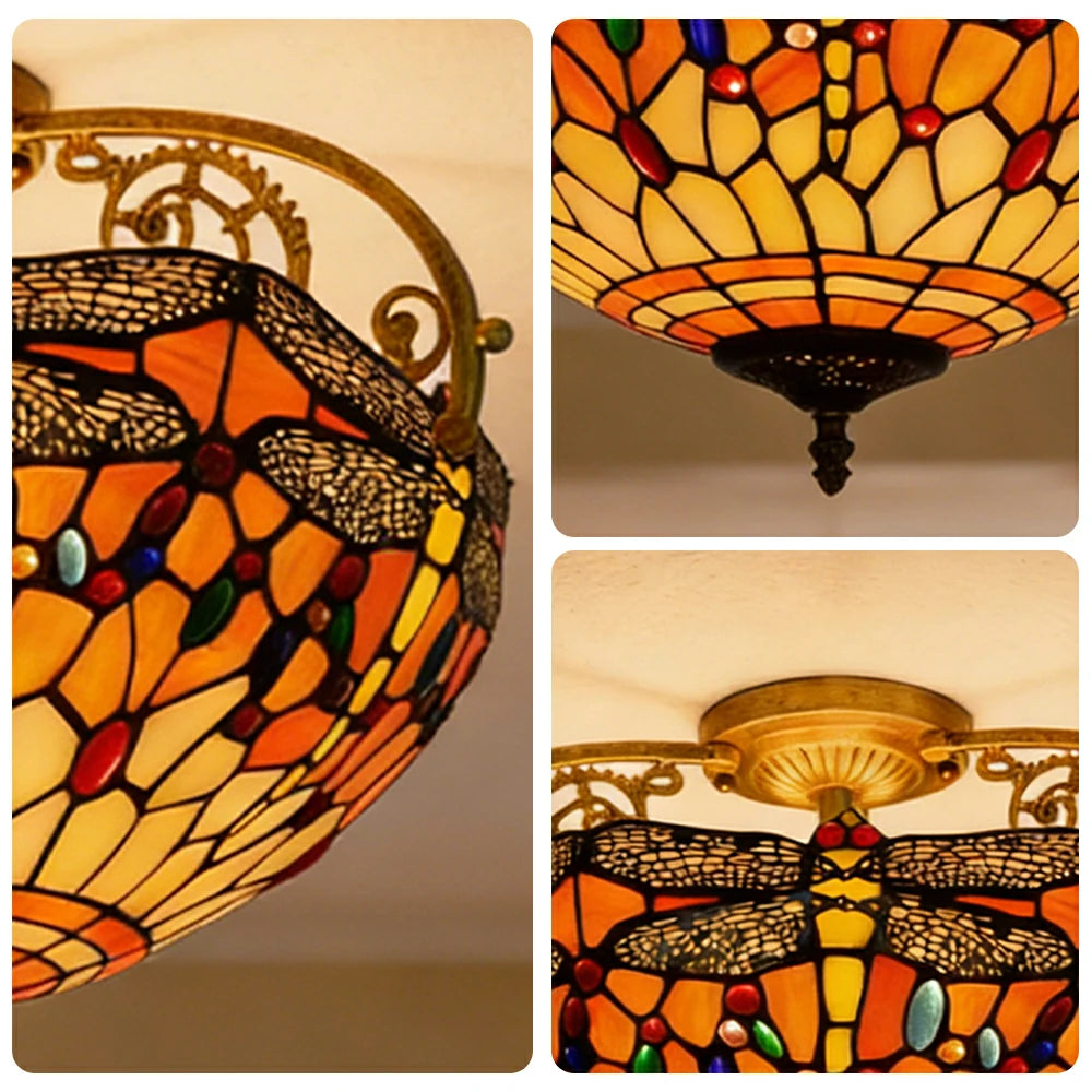 LIVARA European Vintage Orange Dragonfly Pattern Stained Glass Ceiling Light 3-Light Design Even Lighting 42x38cm Suitable for Living Room Bedroom Dining Hallway