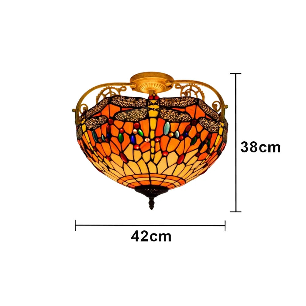 LIVARA European Vintage Orange Dragonfly Pattern Stained Glass Ceiling Light 3-Light Design Even Lighting 42x38cm Suitable for Living Room Bedroom Dining Hallway