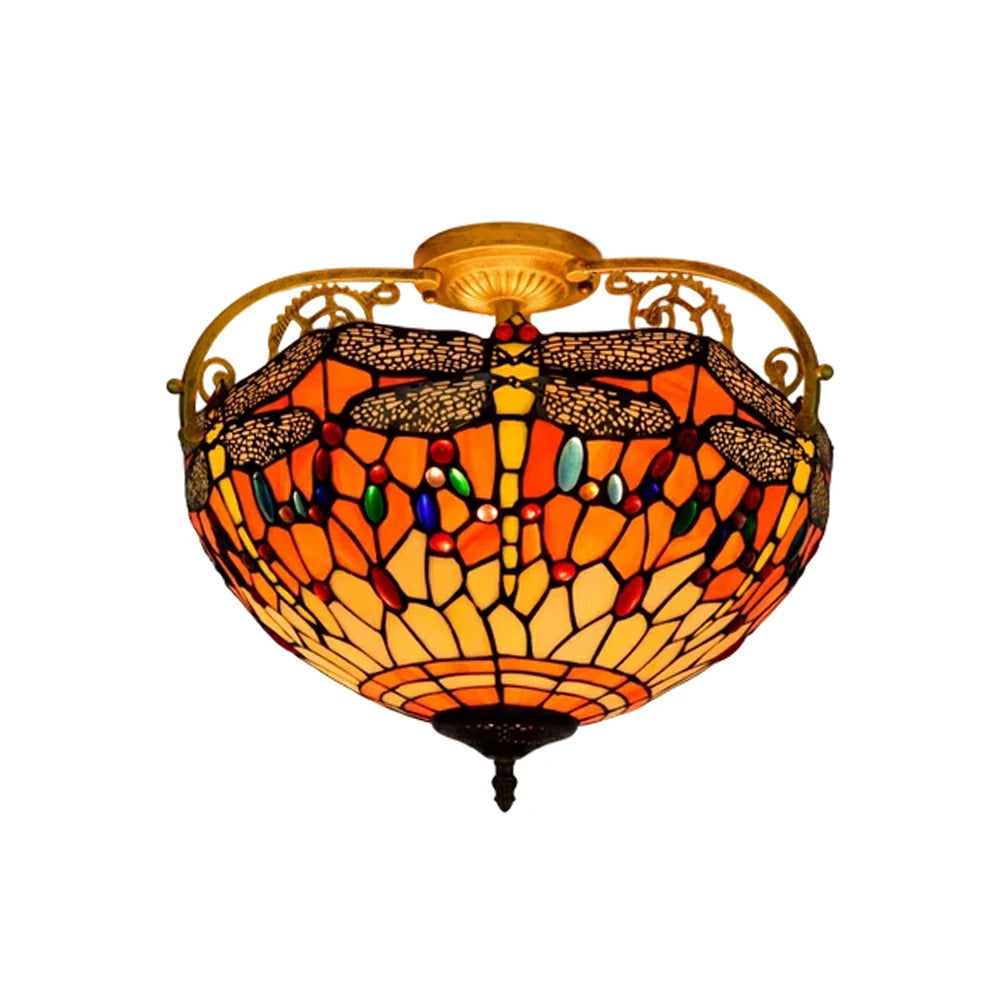 LIVARA European Vintage Orange Dragonfly Pattern Stained Glass Ceiling Light 3-Light Design Even Lighting 42x38cm Suitable for Living Room Bedroom Dining Hallway