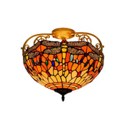 LIVARA European Vintage Orange Dragonfly Pattern Stained Glass Ceiling Light 3-Light Design Even Lighting 42x38cm Suitable for Living Room Bedroom Dining Hallway