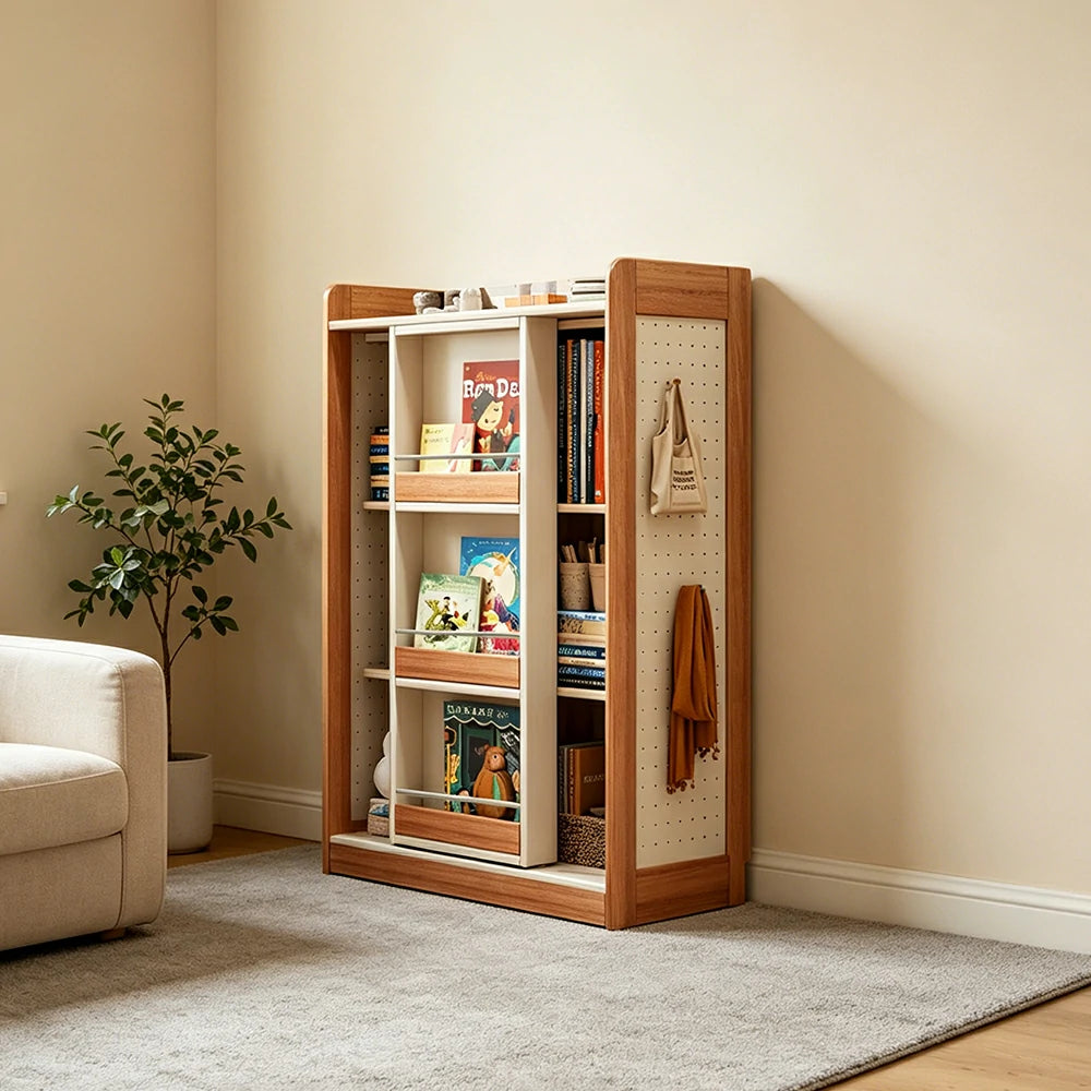 LIVARA Kids Sliding Door Bookcase Solid Wood Frame Rounded Anti-Tip 3-Tier Storage for Kids Room Reading Corner