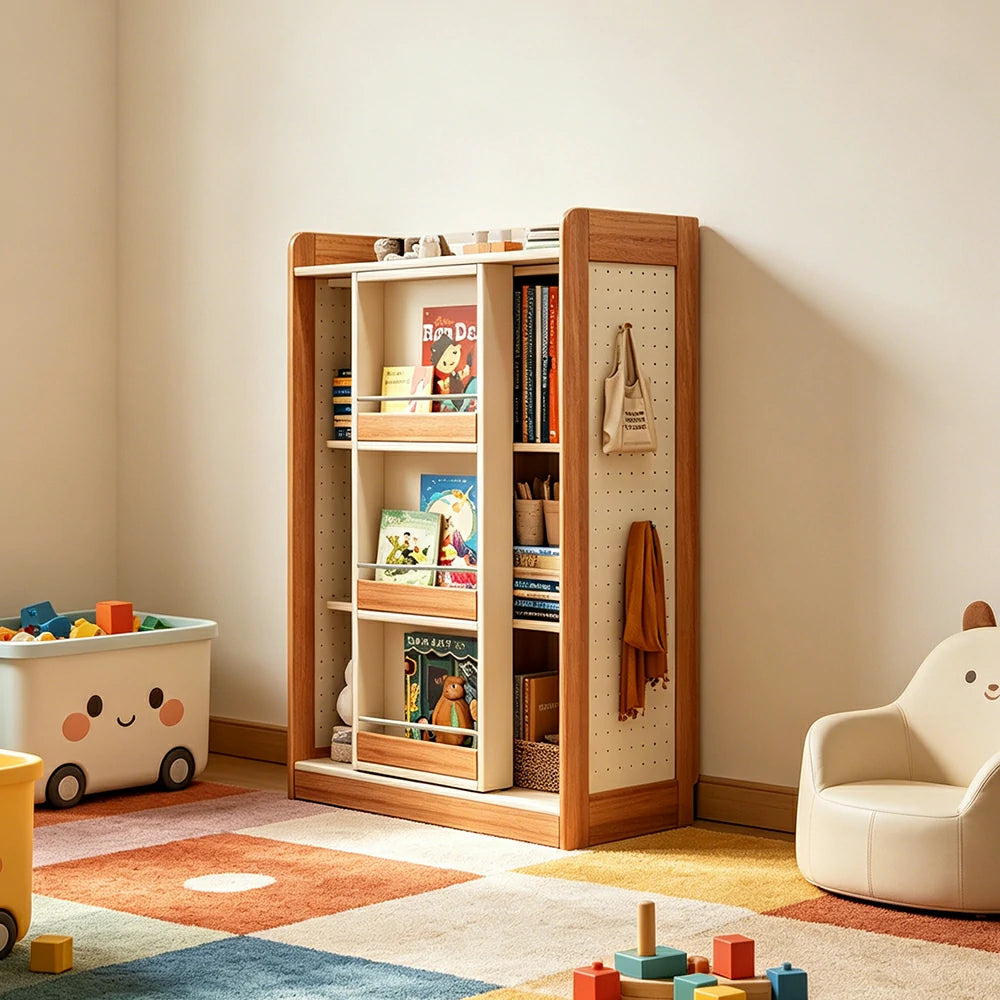 LIVARA Kids Sliding Door Bookcase Solid Wood Frame Rounded Anti-Tip 3-Tier Storage for Kids Room Reading Corner