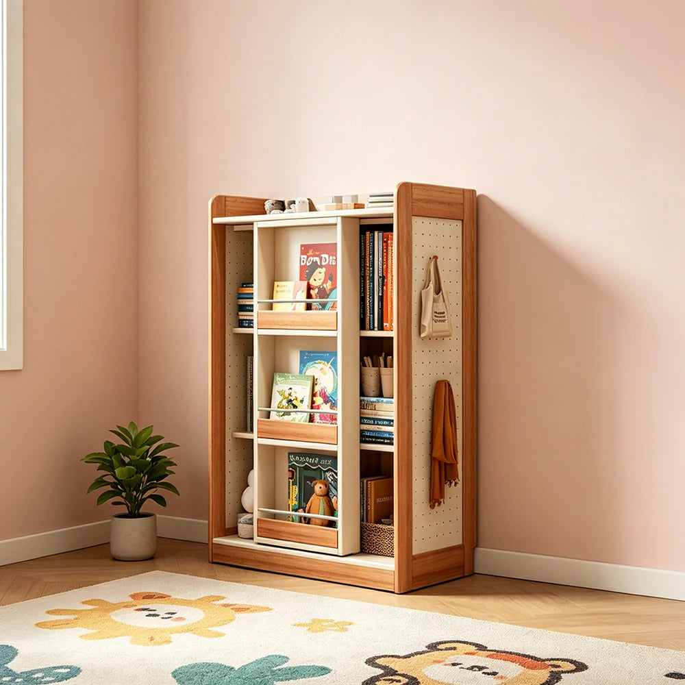 LIVARA Kids Sliding Door Bookcase Solid Wood Frame Rounded Anti-Tip 3-Tier Storage for Kids Room Reading Corner