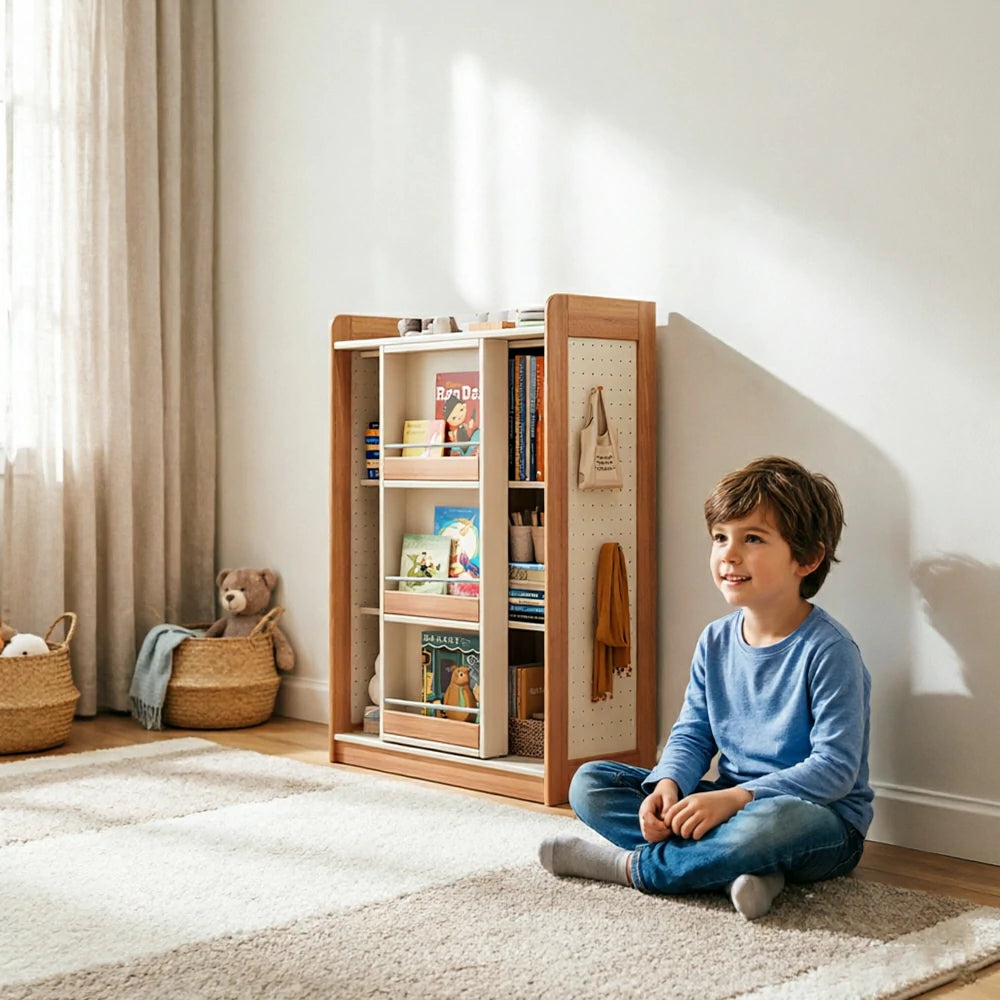 LIVARA Kids Sliding Door Bookcase Solid Wood Frame Rounded Anti-Tip 3-Tier Storage for Kids Room Reading Corner