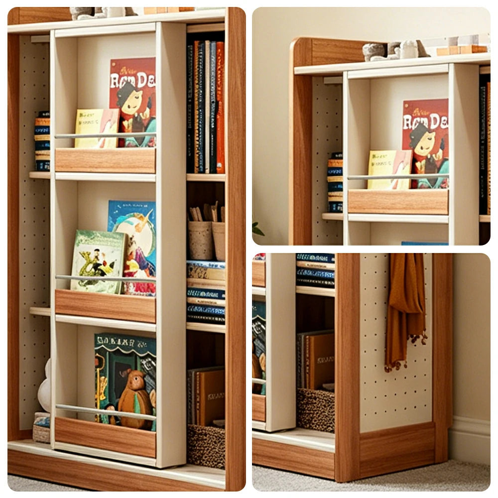 LIVARA Kids Sliding Door Bookcase Solid Wood Frame Rounded Anti-Tip 3-Tier Storage for Kids Room Reading Corner