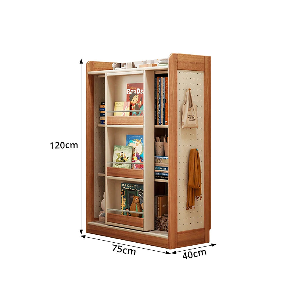 LIVARA Kids Sliding Door Bookcase Solid Wood Frame Rounded Anti-Tip 3-Tier Storage for Kids Room Reading Corner
