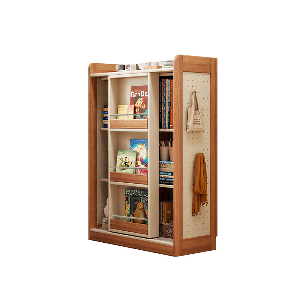 LIVARA Kids Sliding Door Bookcase Solid Wood Frame Rounded Anti-Tip 3-Tier Storage for Kids Room Reading Corner