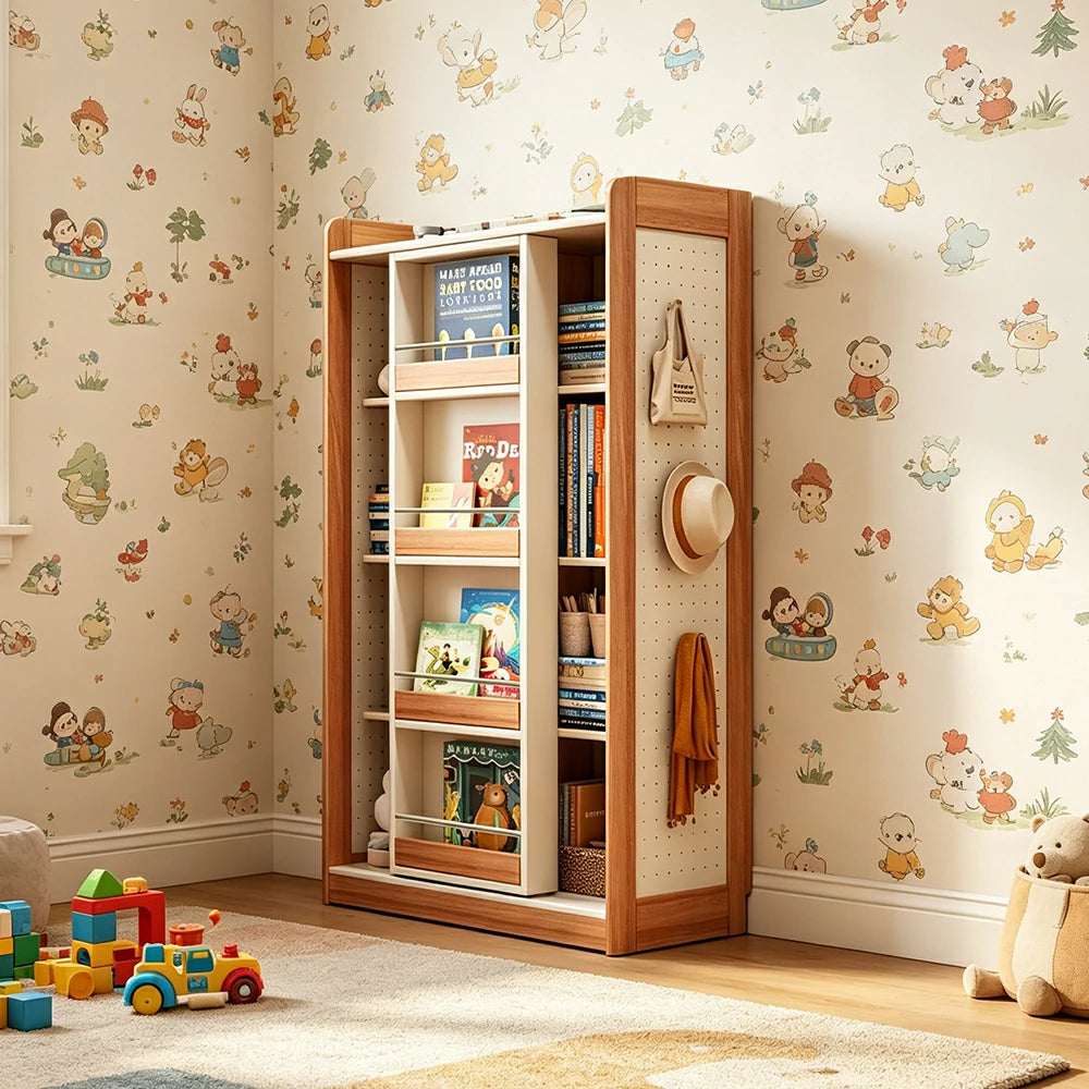 LIVARA Kids Sliding Door Bookcase Solid Wood Frame Rounded Anti-Tip 4-Tier Storage for Kids Room Reading Corner