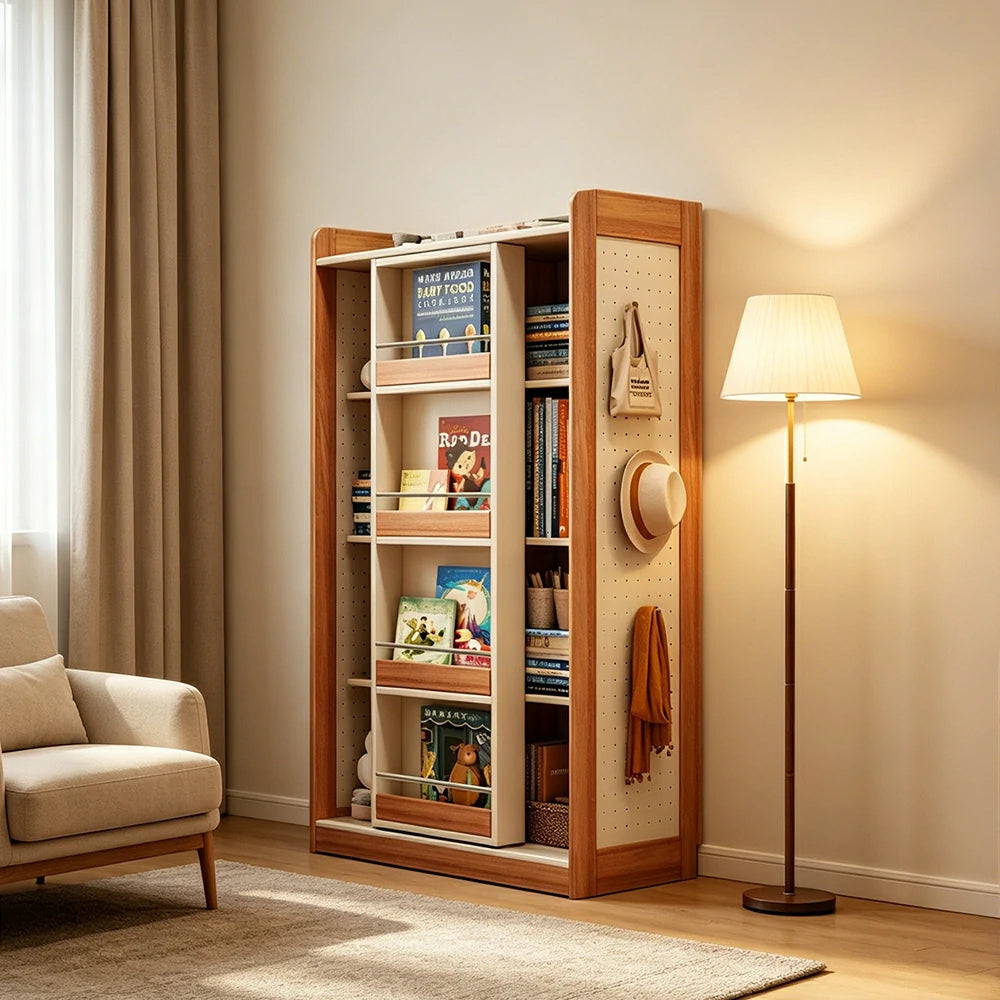 LIVARA Kids Sliding Door Bookcase Solid Wood Frame Rounded Anti-Tip 4-Tier Storage for Kids Room Reading Corner