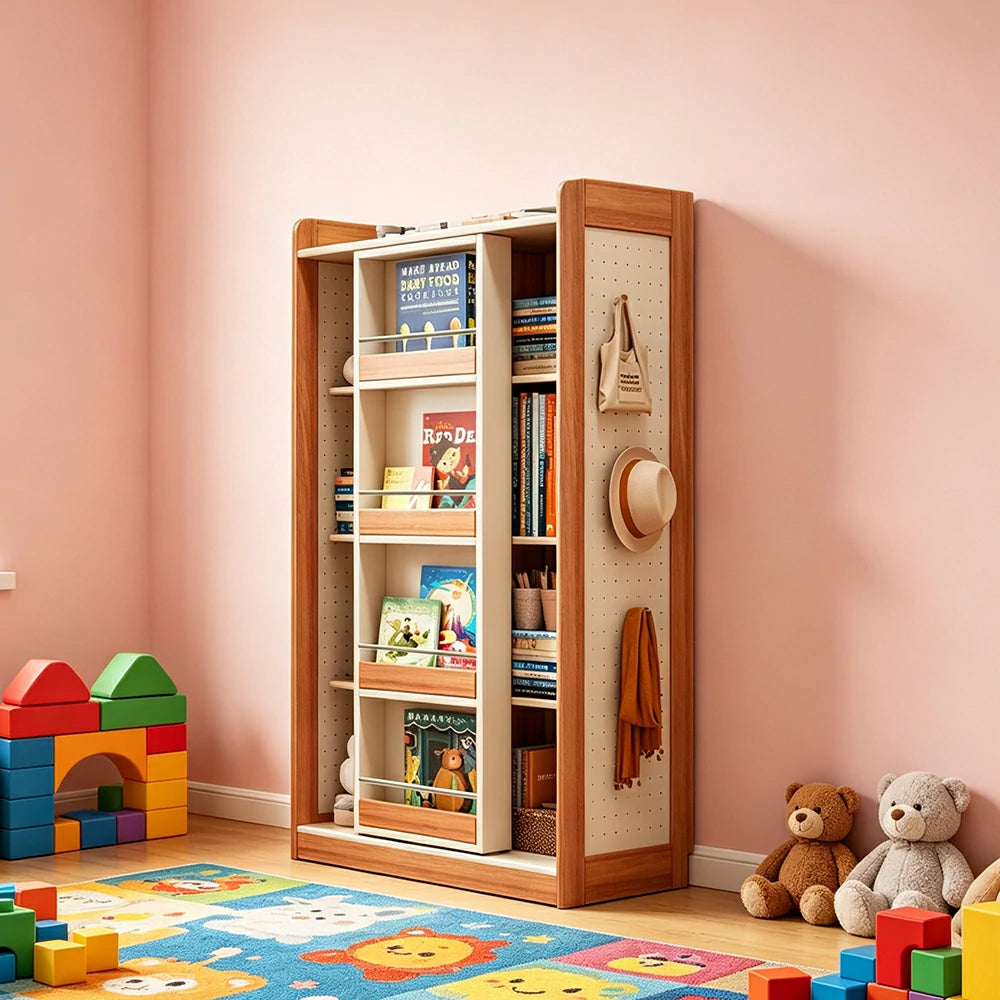 LIVARA Kids Sliding Door Bookcase Solid Wood Frame Rounded Anti-Tip 4-Tier Storage for Kids Room Reading Corner