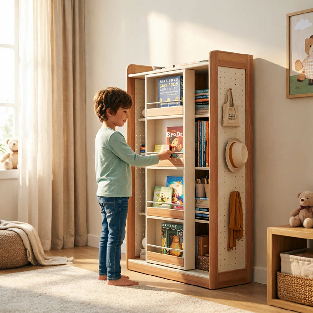 LIVARA Kids Sliding Door Bookcase Solid Wood Frame Rounded Anti-Tip 4-Tier Storage for Kids Room Reading Corner
