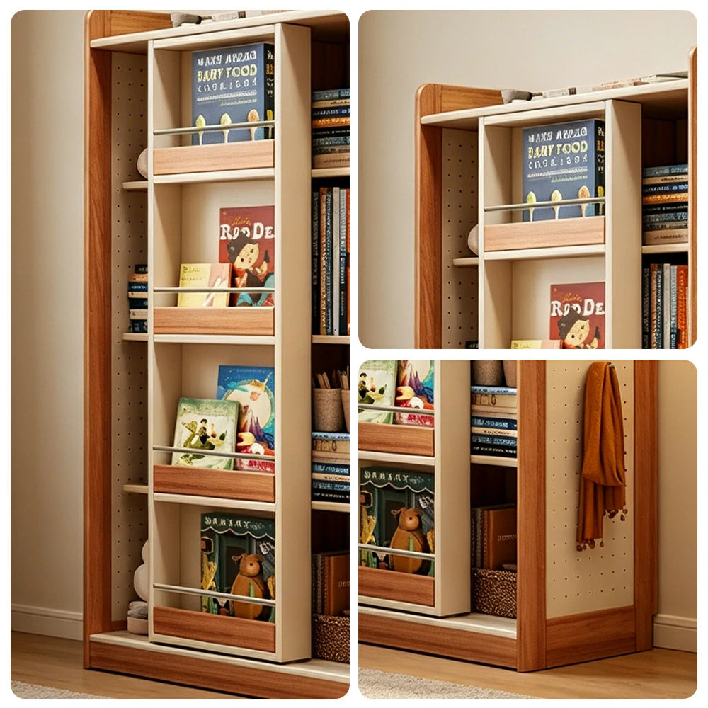 LIVARA Kids Sliding Door Bookcase Solid Wood Frame Rounded Anti-Tip 4-Tier Storage for Kids Room Reading Corner