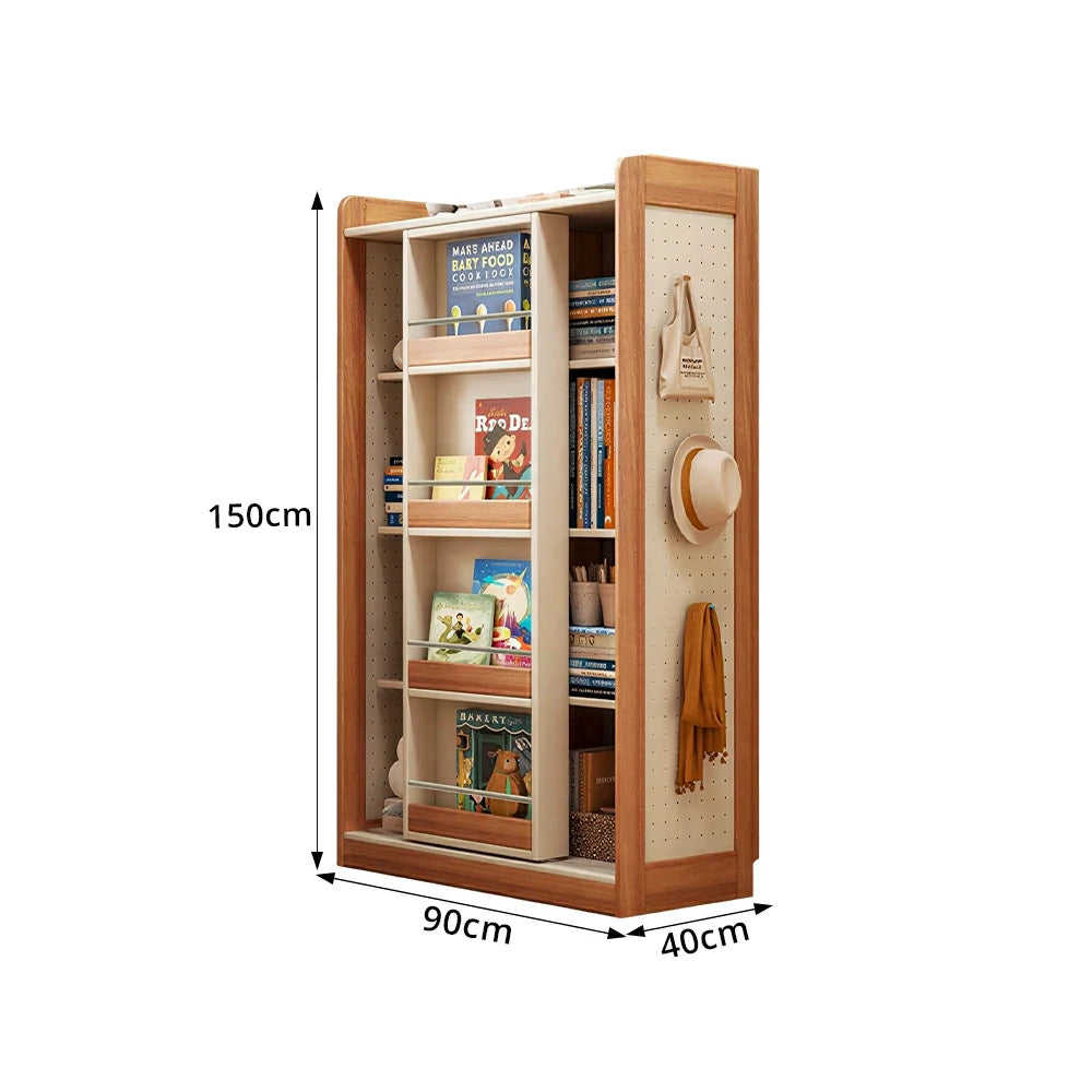 LIVARA Kids Sliding Door Bookcase Solid Wood Frame Rounded Anti-Tip 4-Tier Storage for Kids Room Reading Corner