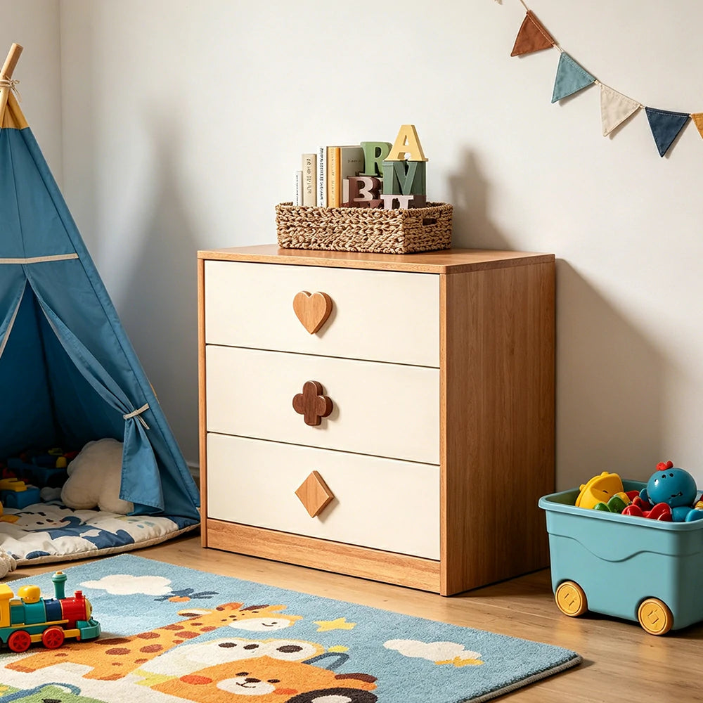 LIVARA Kids Dresser Cream Style Eco-Friendly Rounded Silent Rails 3-Drawer Cabinet for Kids Room Bedroom Living Room Reading Corner