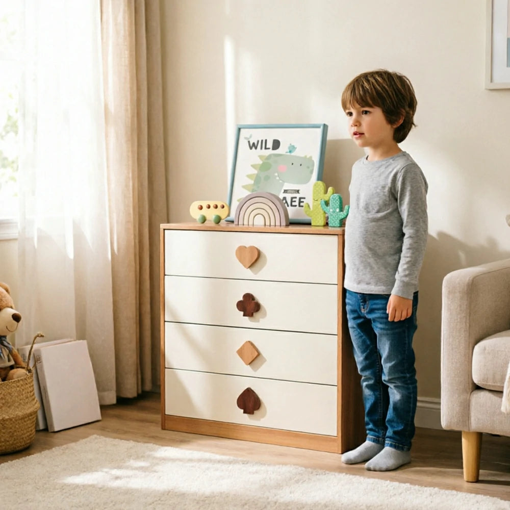LIVARA Kids Dresser Cream Style Eco-Friendly Rounded Silent Rails 4-Drawer Cabinet for Kids Room Bedroom Living Room Reading Corner